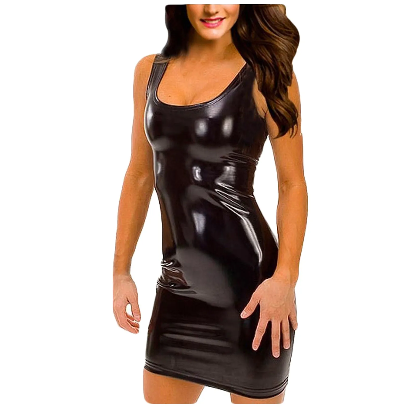 Punk Style Pu Leather Mini Dress Women's Square Neck Bodycon Leather Short Dresses Temptation Club Party Sexy Dress Vestidos