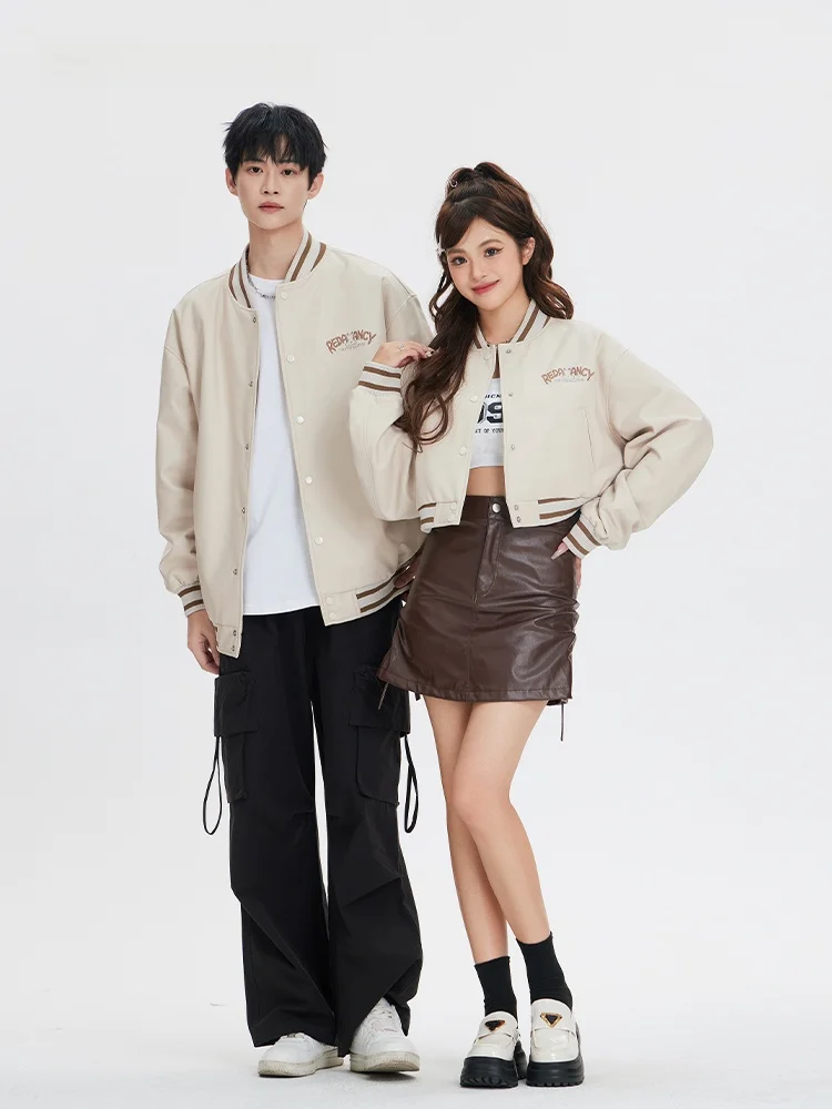 

Couples PU Leather Light Cotton Jacket Women's Design Sensation Hong Kong Style Streetwear Casual Slim Fit Embroidered Zipper