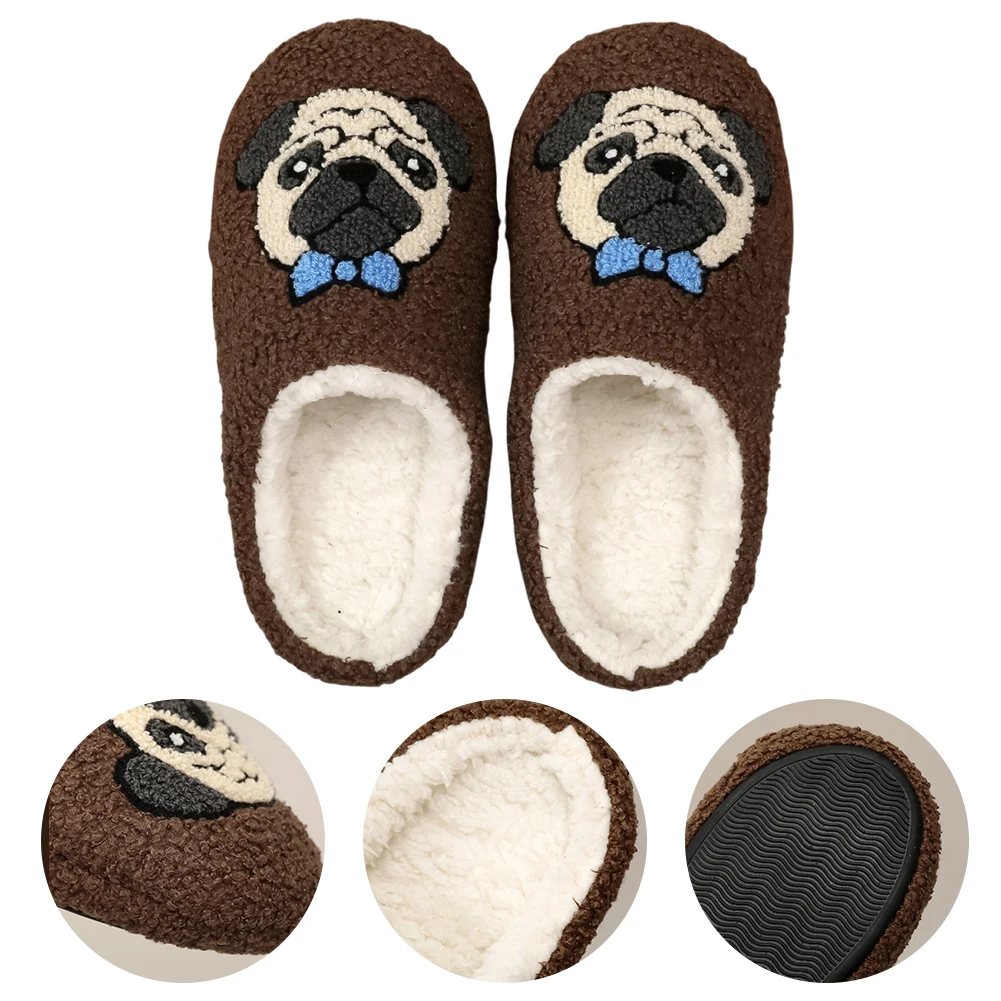 

Pug Pattern Flat Thermal Slippers Anti Slip Comfortable Furry Slippers Thick-Soled Warm Slip-On House Shoes for Men Women