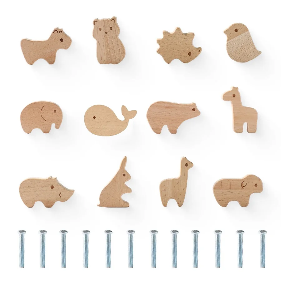 6/12Pcs Wooden Drawer Knobs Beautiful Wood Animal Cabinet Handle with Screws Children's Room Decorative Furniture Handles