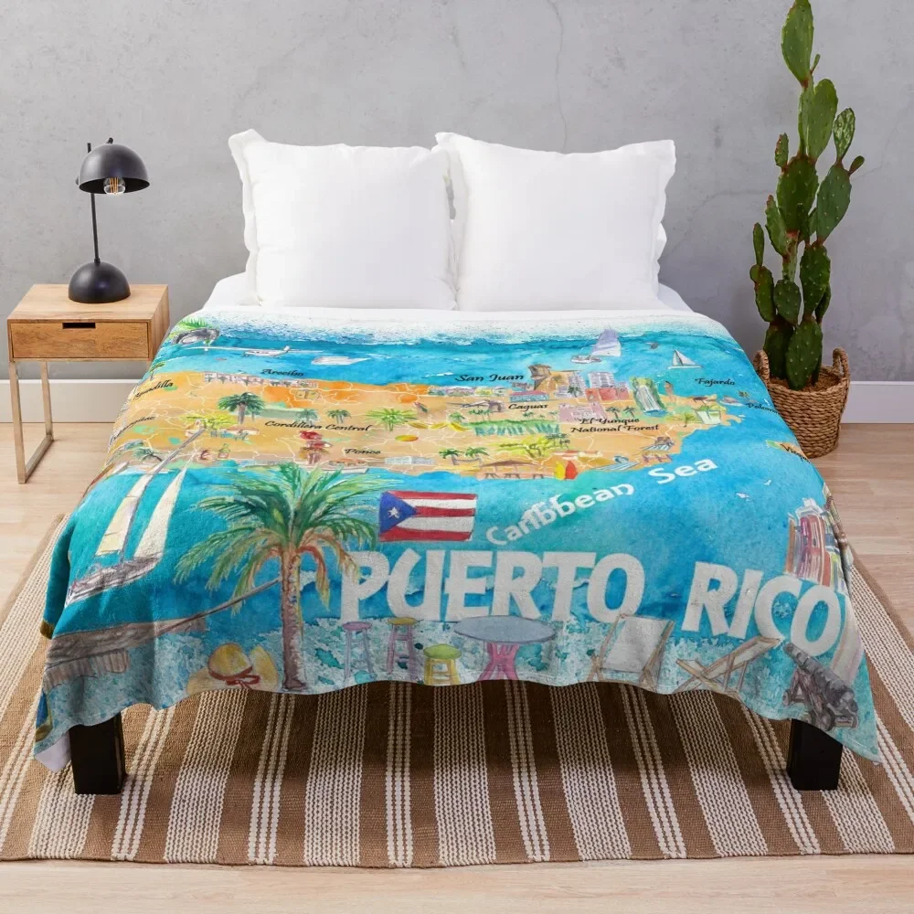 

Puerto Rico Islands Illustrated Travel Map with Roads and Highlights Throw Blanket Thins Thermal Blankets