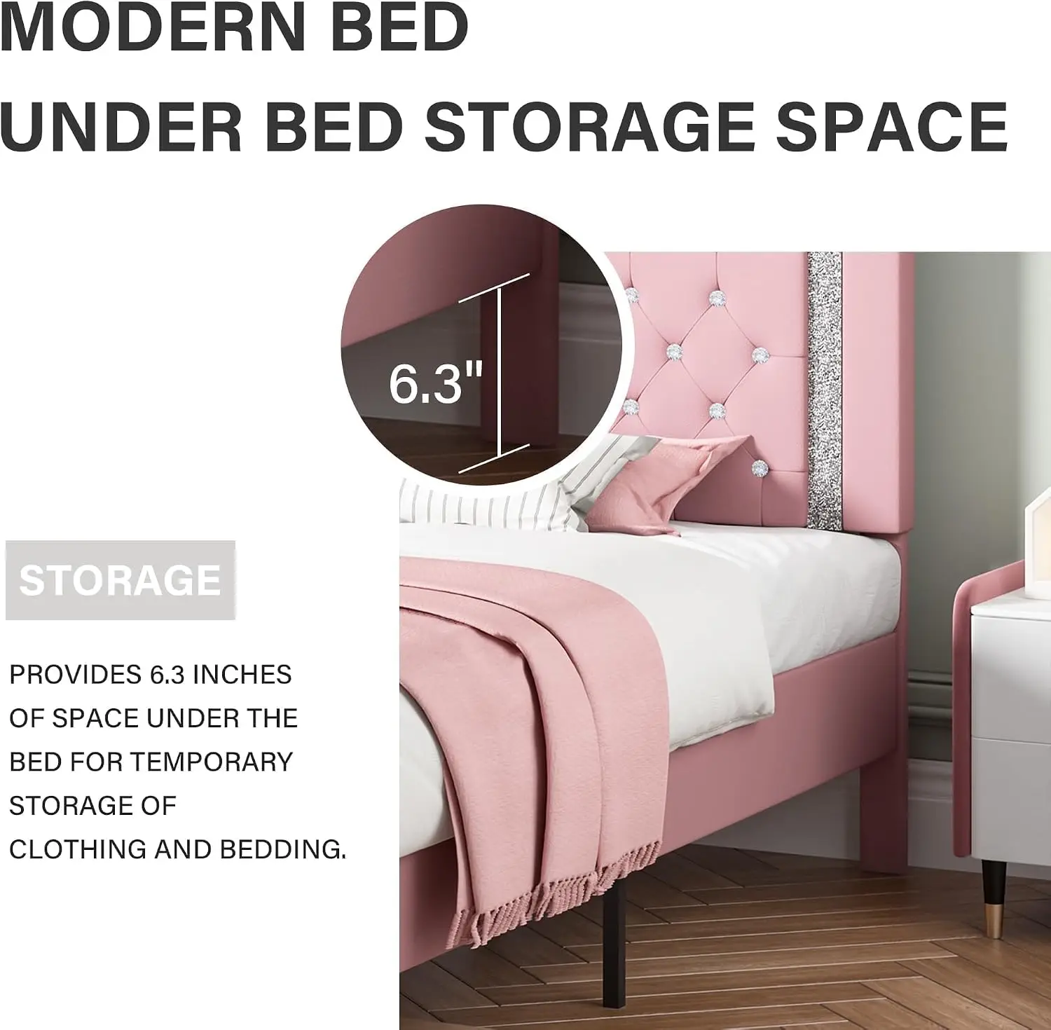 Twin Bed Frame Headboard Princess Kids Faux Leather Upholstered Diamond Tufted No Box Spring Required Easy Assembly Pink image 6