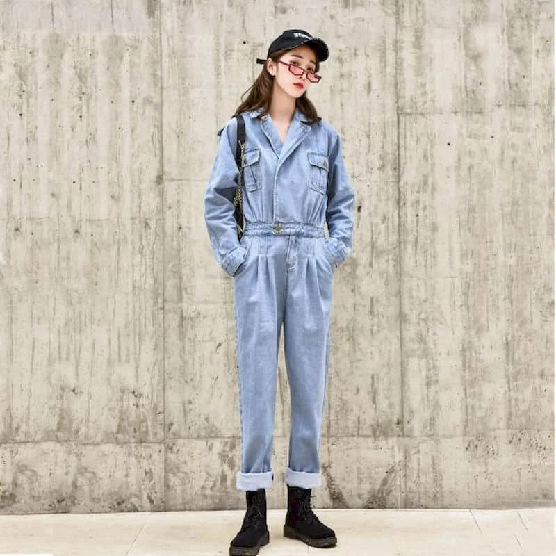 

Однотонные комбинезоны для женщин с длинным рукавом и v-образным вырезом, свободные прямые брюки в стиле Харадзюку, повседневная джинсовая рабочая одежда, винтажные комбинезоны в корейском стиле