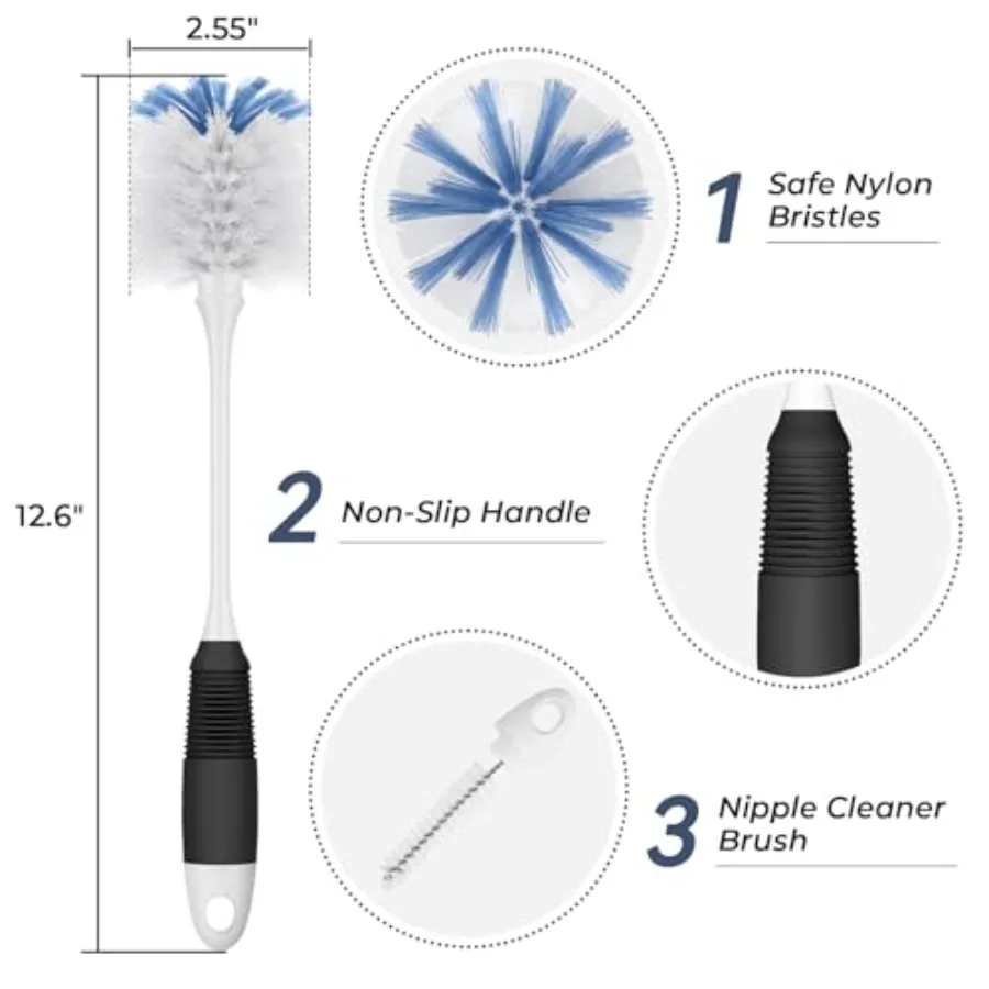 Bottle Brush Cleaner, Long Flexible Handle Bottle Brush Scrub for Water Bottles, Glasswares, Tumblers, Travel Coffee Mugs, 2 Pa