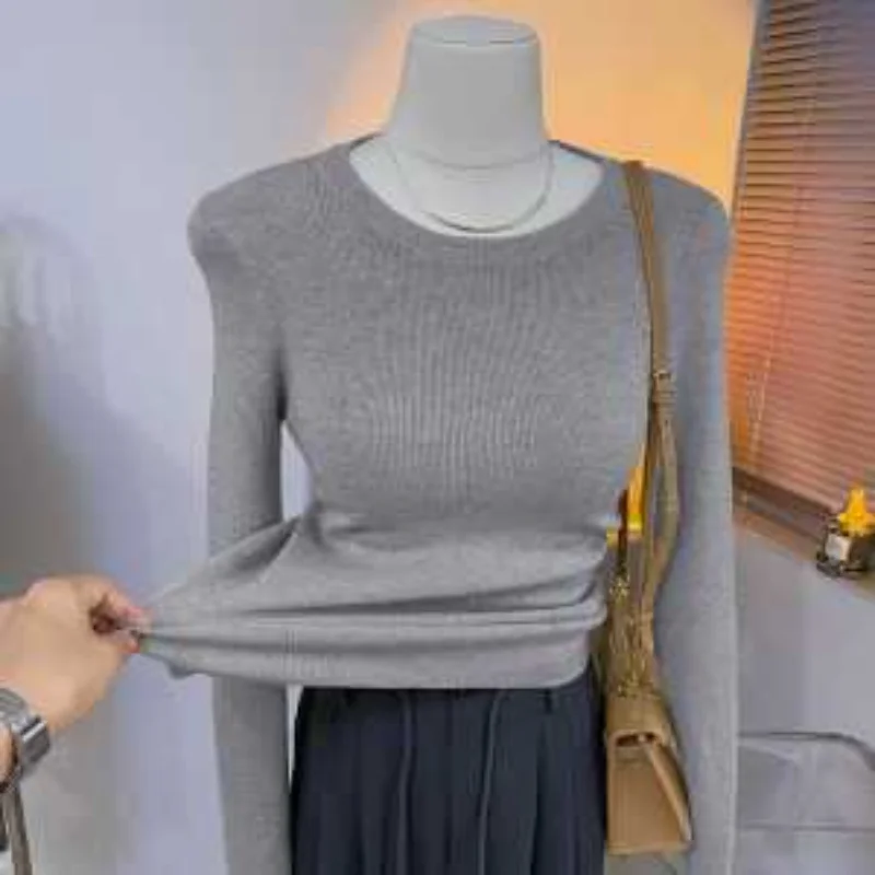 الخريف الشتاء طويلة الأكمام بلون الموضوع تنوعا سترة المرأة قاع البلوز سترة جولة الرقبة ضئيلة أعلى جديد