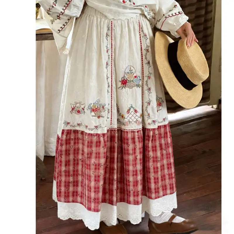 Womens Vintage Bohemian Mori Girl A-Line Maxi Skirt Spring Summer Sweet Kawaii Lace Ruffle Embroidery Patchwork Plaid Long Skirt