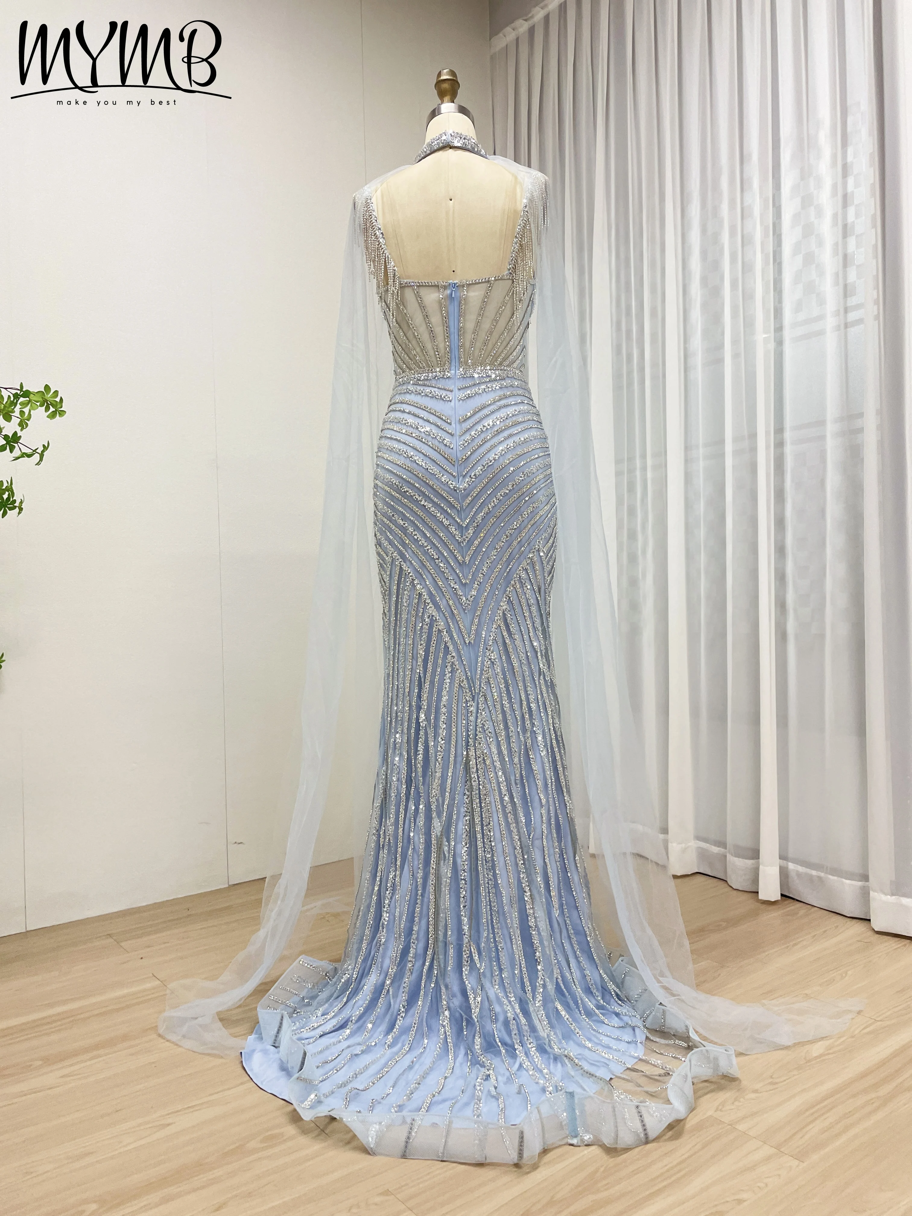 MYMB Spaghetti Strap Long BLUE Mermaid Beaded Cape With Sleeves Evening Dresses Gowns for Women Wedding Party Customized MB40394