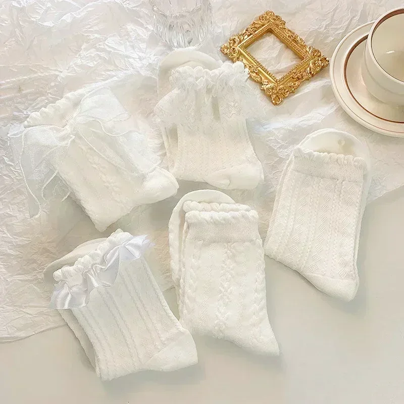 Calcetines Lolita de encaje con lazo blanco, medias de tubo medio, estilo japonés, princesa universitaria, ropa de calle Jk, 5 pares