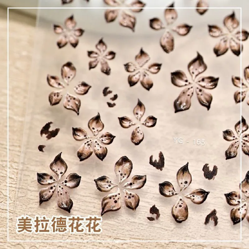 2Pcs Maillard Embossed Flower Nail Stickers, 3D Five Petal Devil Floral Self-Adhesive Decals for DIY Press On Nails
