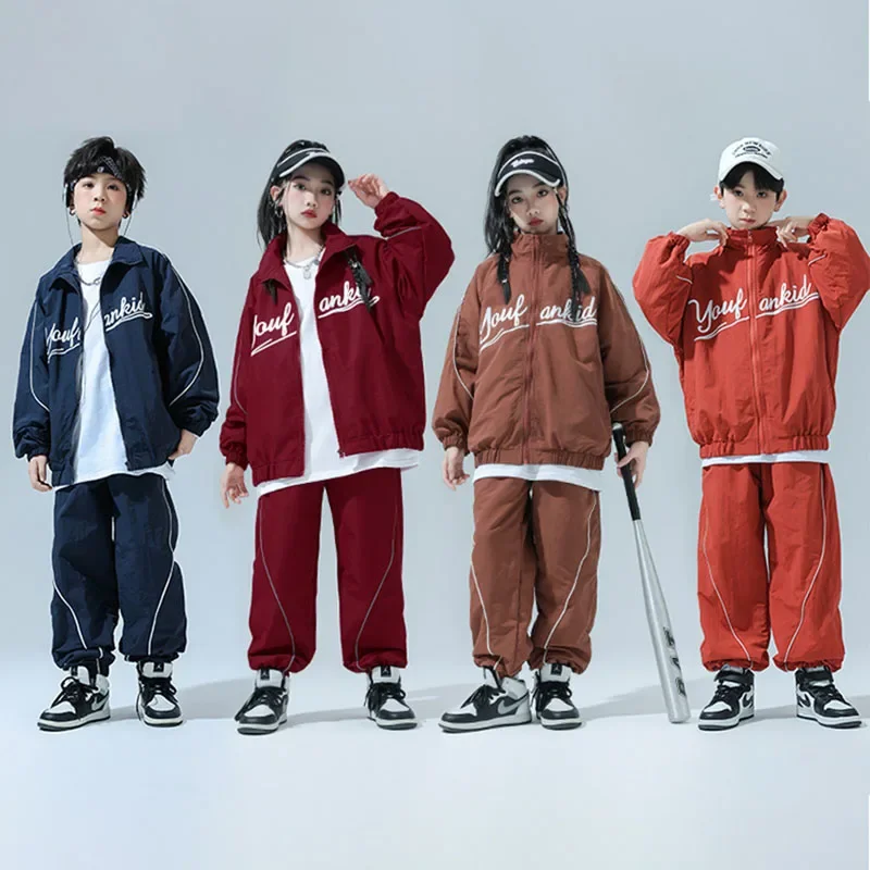 Vêtements Hip Hop pour enfants, veste coupe-vent à fermeture éclair rouge vin, haut décontracté, pantalon de jogging large pour filles et garçons, Costume de danse Jazz, ensemble de vêtements