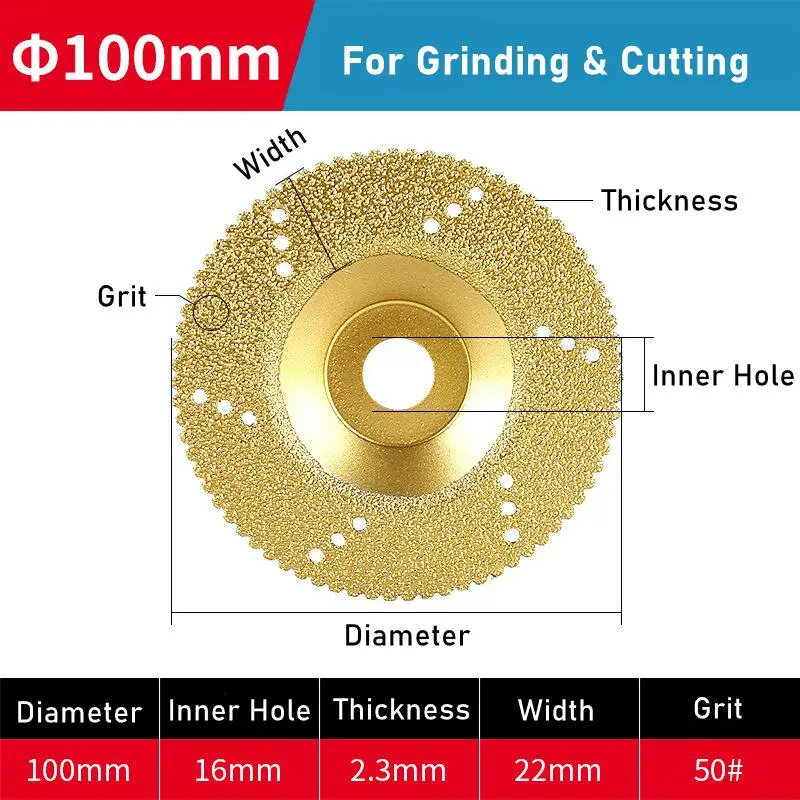 

Алмазный отрезной/шлифовальный диск 100 мм (4 дюйма) для гранита, мрамора, железа, стали, с хвостовиком 16 мм, вакуумного формования
