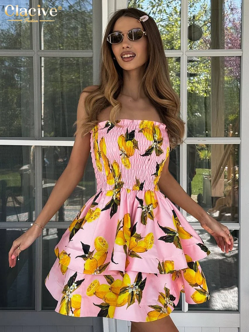 

Clacive Sexy Loose Print Women Dress 2026 Summer Strapless Sleeveless Mini Dresses Lady Elegant High Waist Pleated Female Dress