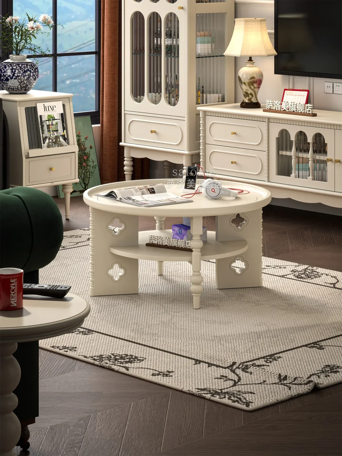 DSA wind solid wood round coffee table living room household small apartment sofa coffee table
