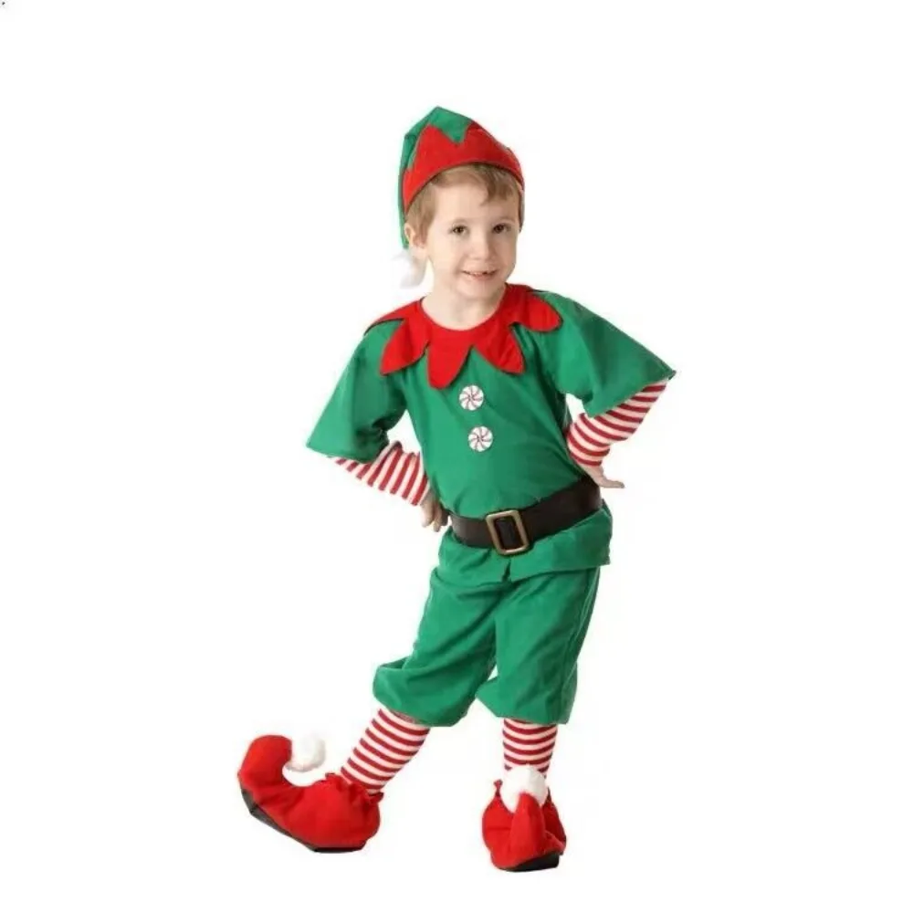 New Year 2024 Christmas Elf Costume Kid Adult Green Family Matching Outfits Xmas Suit Parent-Child Cosplay Clothing