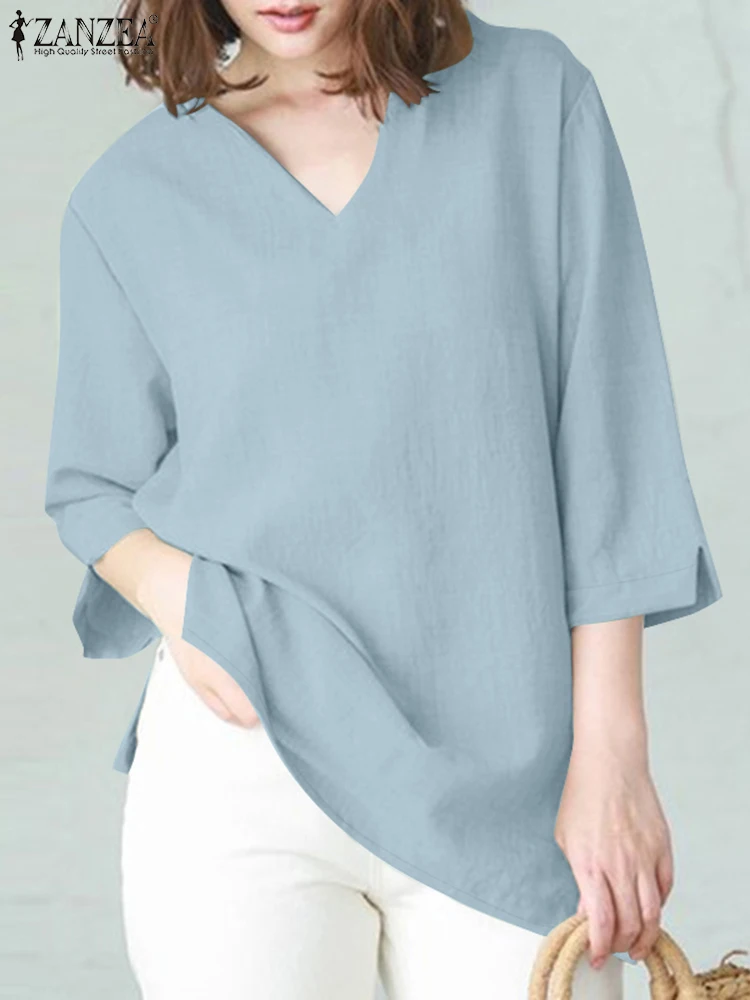 

ZANZEA Fashion Women V-Neck 3/4 Sleeve Solid Blouse Summer Elegant Shirt Casual Loose Chemise Stylish Holiday Tunic Tops Femme