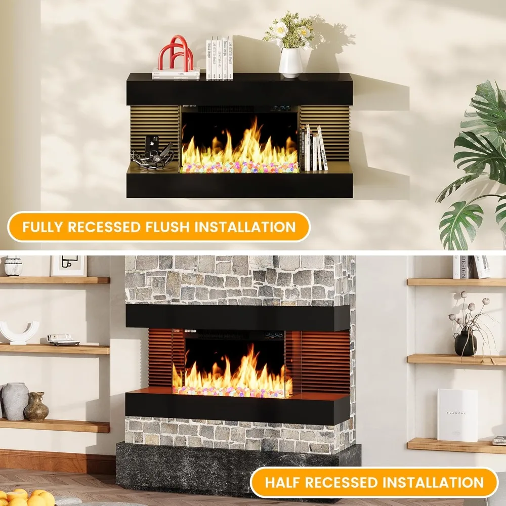 مدفأة كهربائية مثبتة مقاس 18 بوصة مع رف عائم مقاس 32 بوصة، وحدة الكل في واحد تتميز بأحجار كريستال ملونة