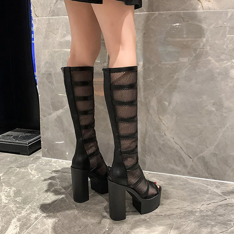 Black White Super High Heels Hollow Mesh Sandals Boots Women Summer Versatiule Peep Toe Thick Heel Platform High Tube Boots view 5