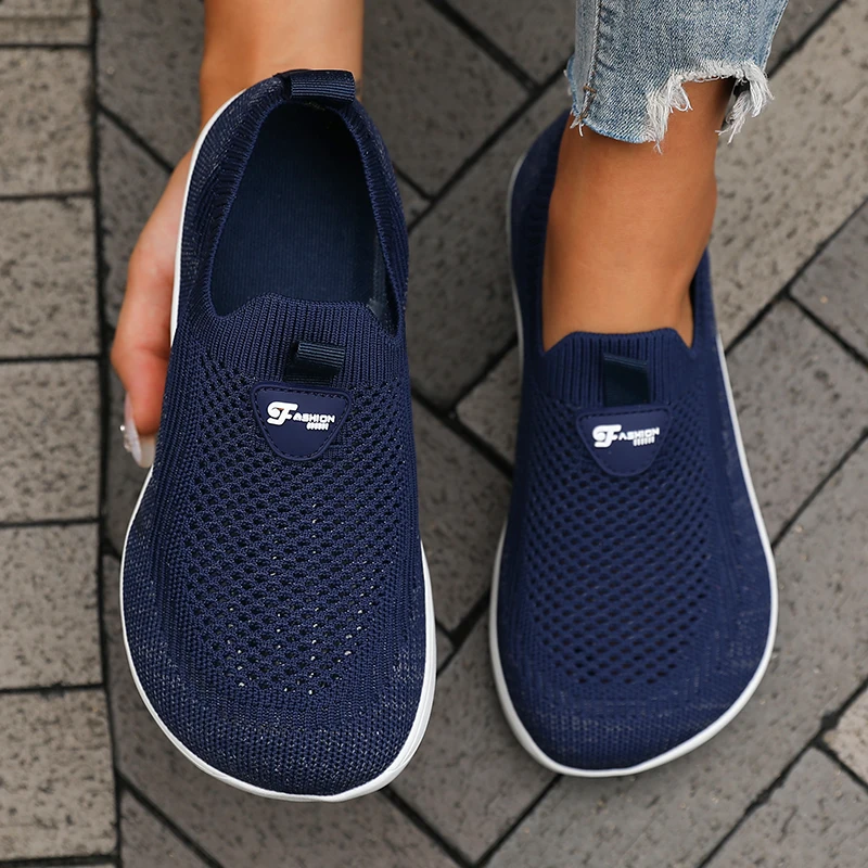 

Женская обувь с широким носком, дышащая вязаная сетчатая обувь на мягкой подошве без шнуровки босиком, 2025 г., повседневные удобные прогулочные кроссовки с широким носком
