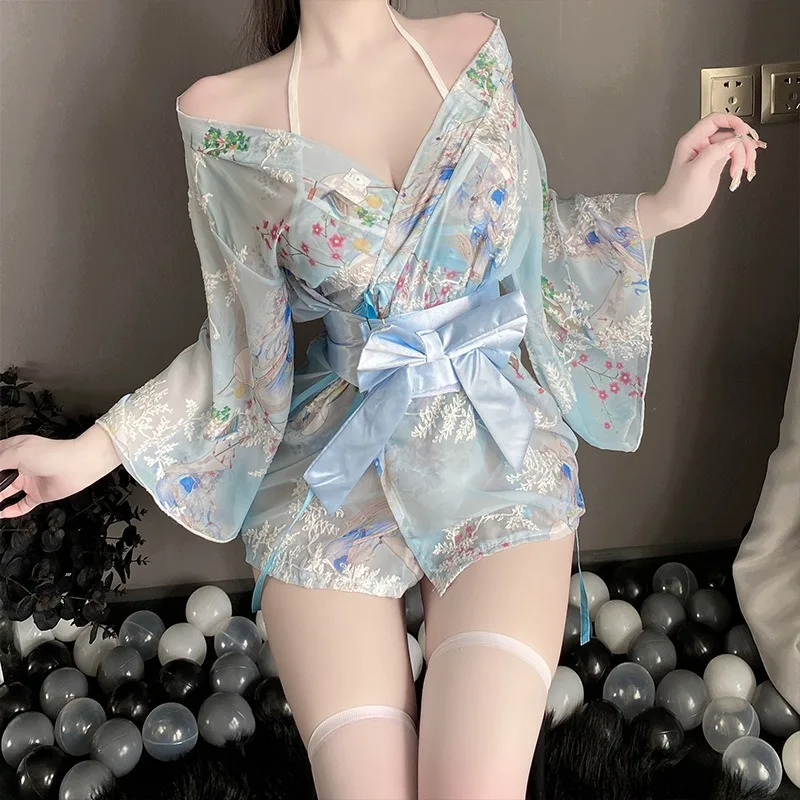 

Ladies' Sexy Lingerie Sexy Kimono Bathrobe Uniform Seductive Print Japanese Bow Hollowed Out Non Removable Uniform Set