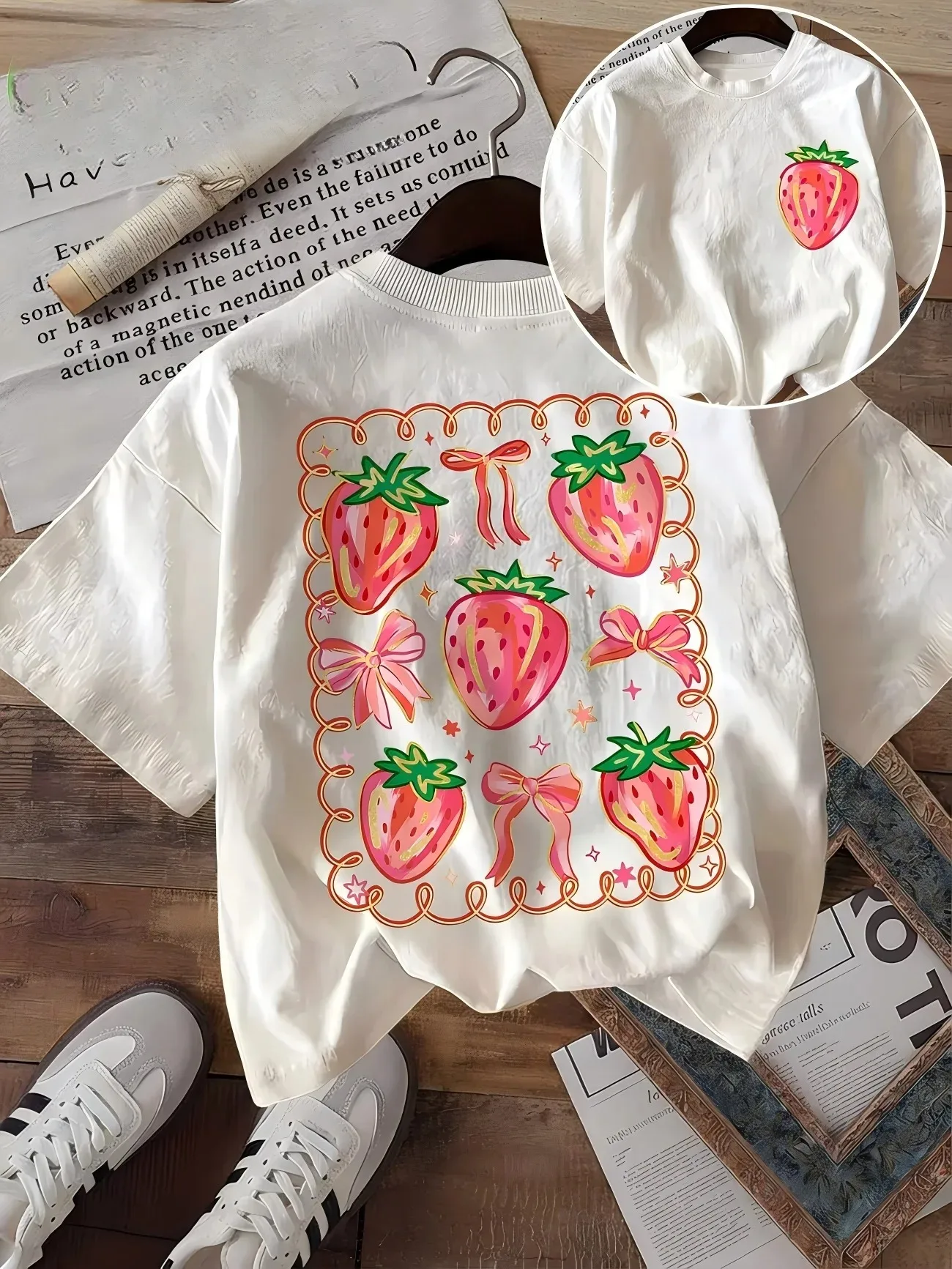 Retro Strawberry Print T-Shirt Women Cute Fruit Graphic Tee Harajuku Streetwear Short Sleeve Summer Aesthetic Loose Casual Top