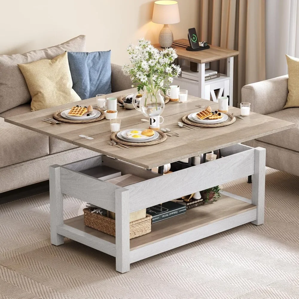 Lift Top Coffee Table, 3 in 1 Multi-Function Coffee Tables with Storage for Living Room, Farmhouse Modern Dining Table