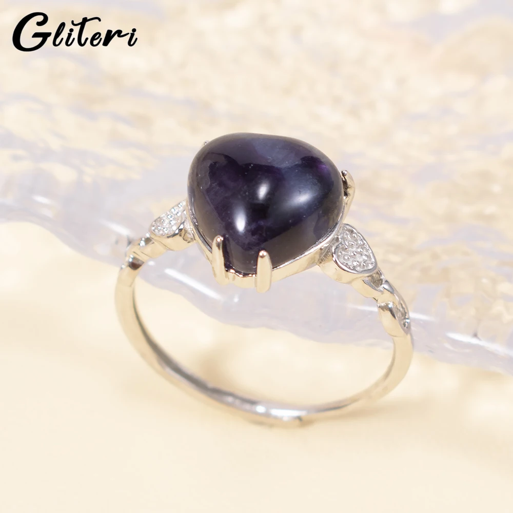 

GEITERI Natural Colorful Stone Heart Rings For Women Girls Silver Color Crystal Love Open Finger Ring Jewelry Anniversary Gifts