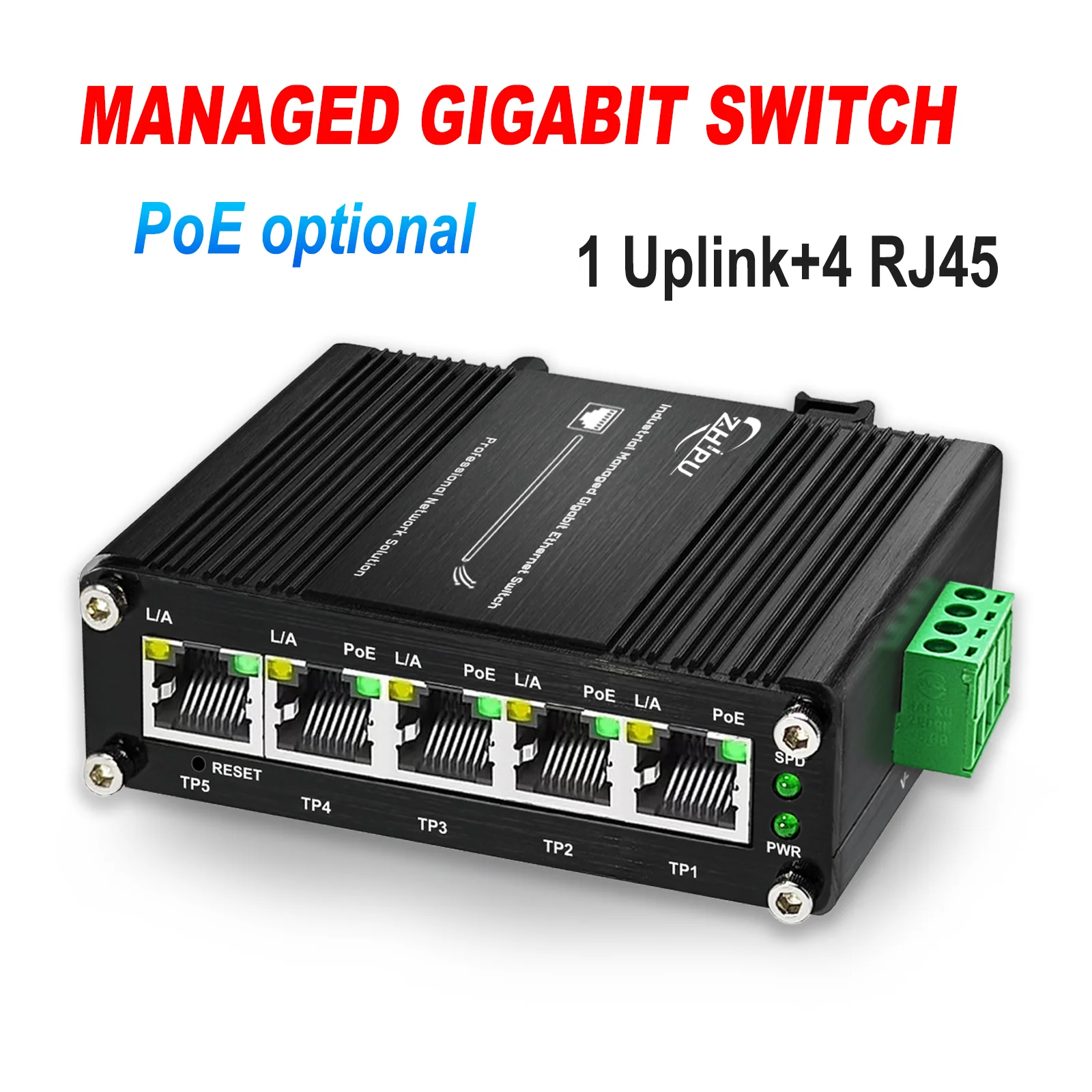 Managed 5-port PoE Switch 1Uplink+4PoE Industrial Gigabit Ethernet Switch Web Management,QoS,Vlan, Din rail & Wall mount