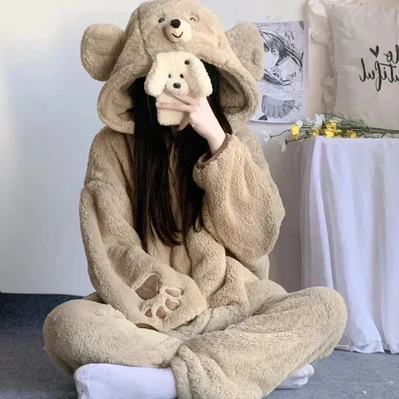 

2024 Autumn/winter New Hooded Pajamas Women Long Sleeve Flange Cartoon Bear Thickened Homewear Ladies Plush Set Pajamas for