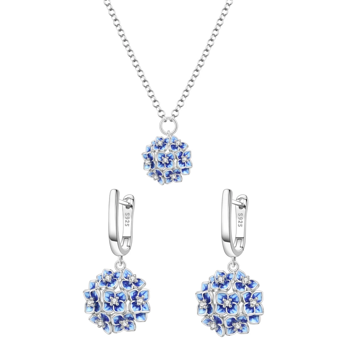 925 Sterling Silver Women's Necklace Earring Set Blue Hydrangea Flowers Earring Set Exquisite Party Jewelry Set Anniversary Gift