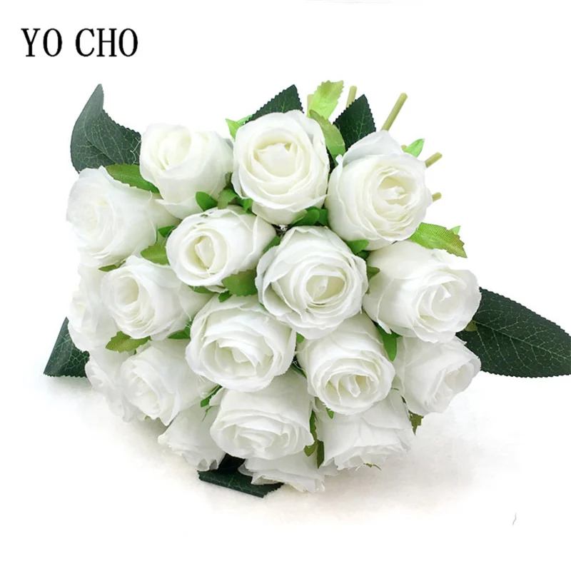 YO CHO 18 Heads Silk Rose Flowers Artificial Flowers Bouquet Bridal Bouquets Wedding Home Christmas Party DIY Decoration Rose