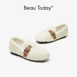 BeauToday Winter Fur Shoes Women Loafers Knitting Wool Metal Buckle Decoration Round Toe Slip-On Ladies Flats Handmade 27842