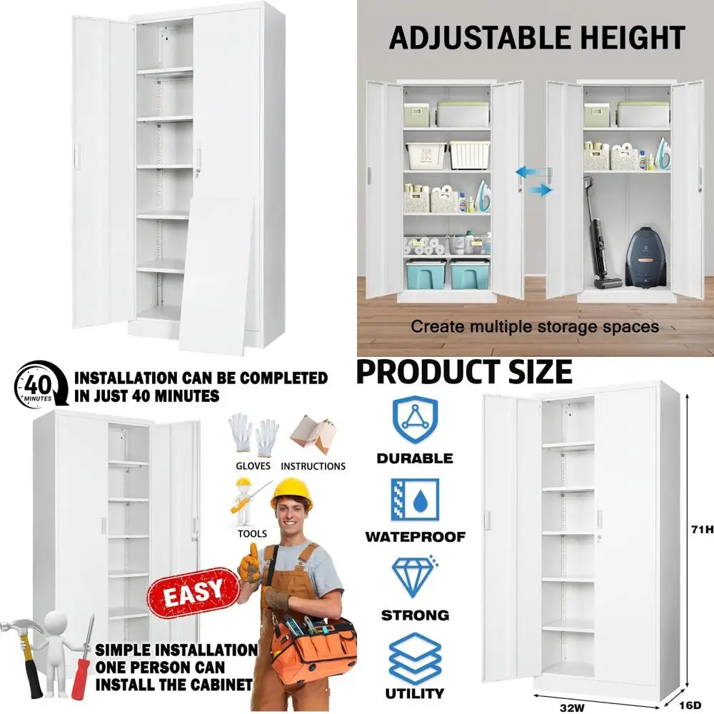 71 خزانة تخزين معدنية مع أبواب قفل وأرفف قابلة للتعديل للمرآب والأدوات