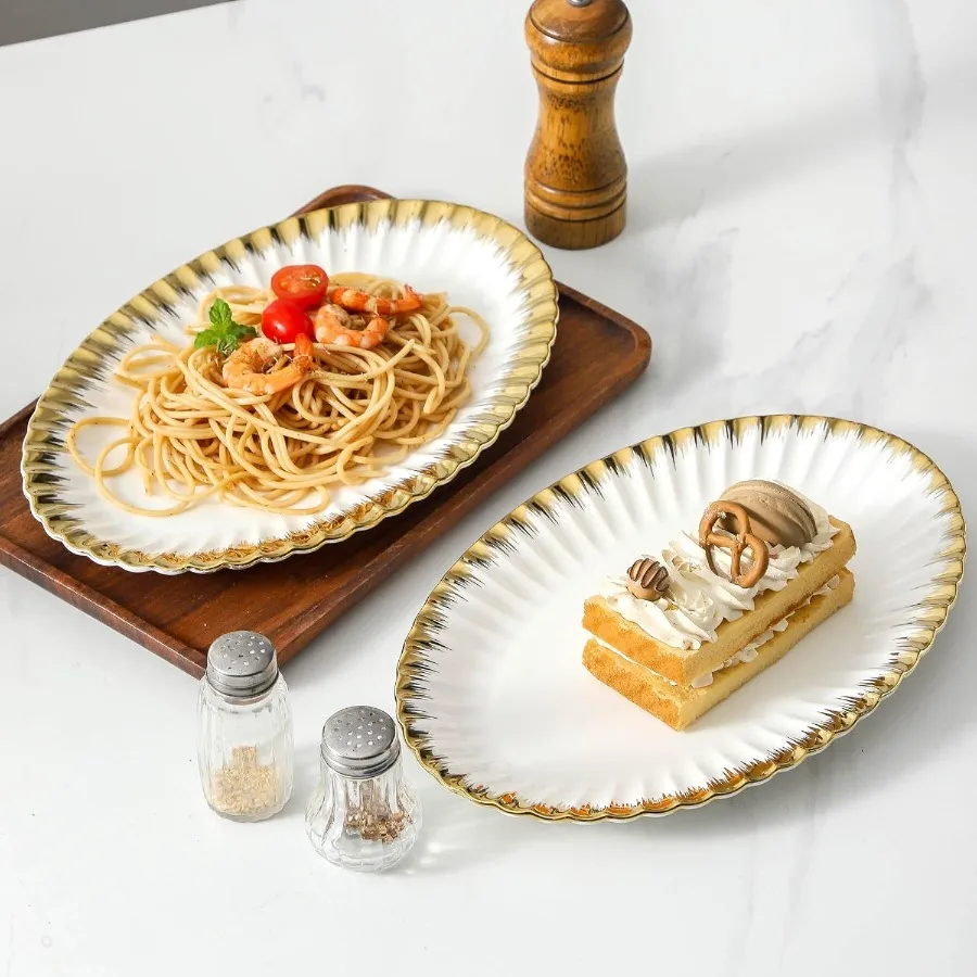 أطباق تقديم بيضاوية من السيراميك مقاس 12 بوصة من البورسلين الأبيض مع حواف ذهبية للحفلات المسلية مثالية لخدمة سان