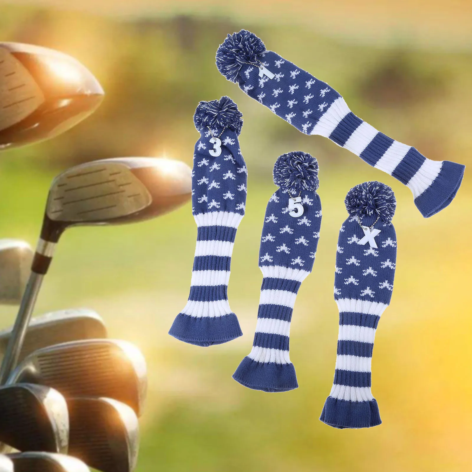 

4Pcs/Set Knitted Golf Clubs Headcover White&Blue 1,3,5,X Fits For Driver /Fairway Wood/Hybrid Wood Long Neck Sock Golf Supplies