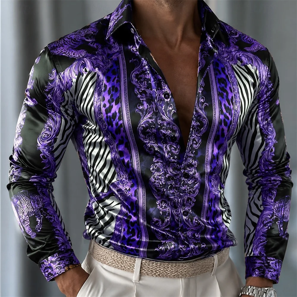 Men's Shirt Satin Shirt Dress Shirt Button up Shirt Gradient Business Wedding Long Sleeved Folding Seasonal Clothing
