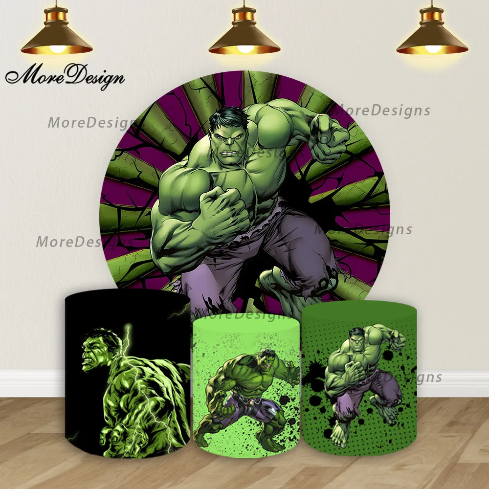 

Green Hulk Round Backdrop Covers Suprehero Theme Kids Birthday Party Cylinder Cover Baby Shower Photography Background