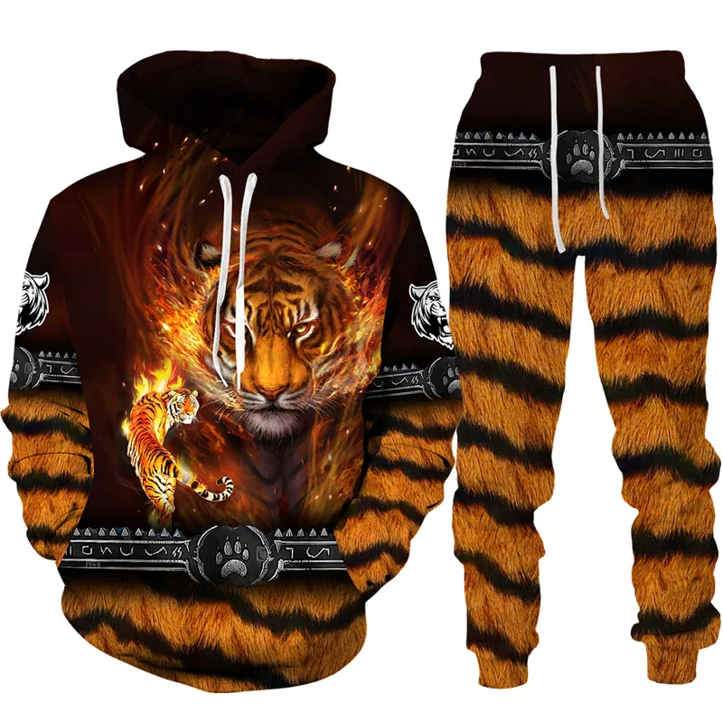 Cool Tiger 3D Animal Print Hoodie+Pants Suit Long Sleeve Pullover Men\'s Sportswear Tracksuit Couple Outfit Two Piece Jogging Set