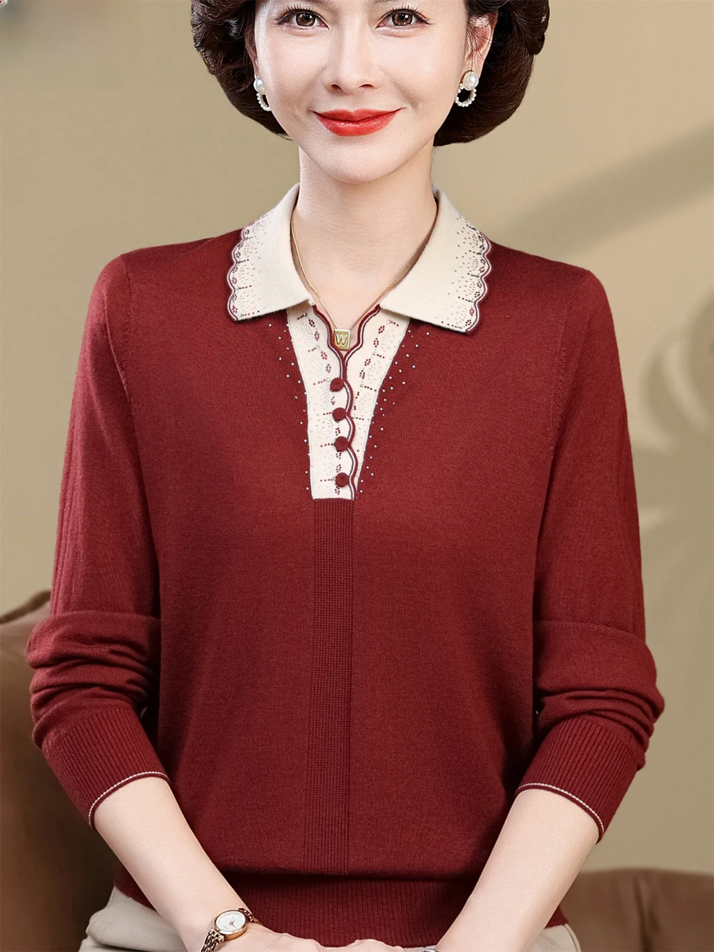 

Faionable Long Sve Mommy Sle irt Turn-down Collar Base Layer Top for 50-60 Years Old Middle-aged And ly Spring ...