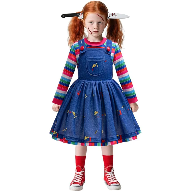 2PCS Halloween Costume Girl Rainbow Striped Shirt+Blue Denim Princess Dress Kids Movie Horror Ghost Carnival Cosplay Costumes