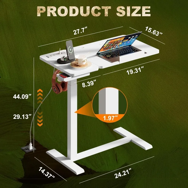 مكتب قائم، طاولة طبية فوق السرير مع صينية دوارة ومخرج طاقة، زاوية هوائية مزدوجة ومكتب قابل لضبط الارتفاع