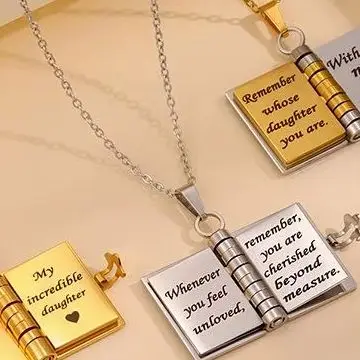 Stainless Steel My Little Star Engraved Book Pendant Necklace Openable Design with 7 Pages Gift for Daughter Women's Sweater Cha