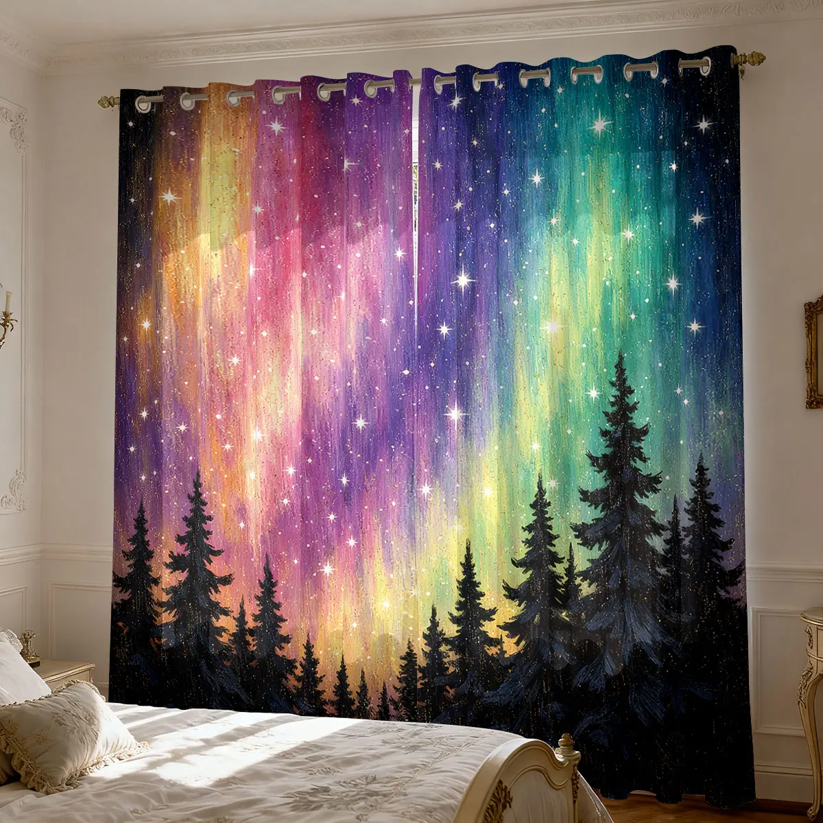 2pcs Aurora Forest Flowers 90g Printed Curtains Living Room Bedroom Insulation Multi Size Fashionable Home Decoration