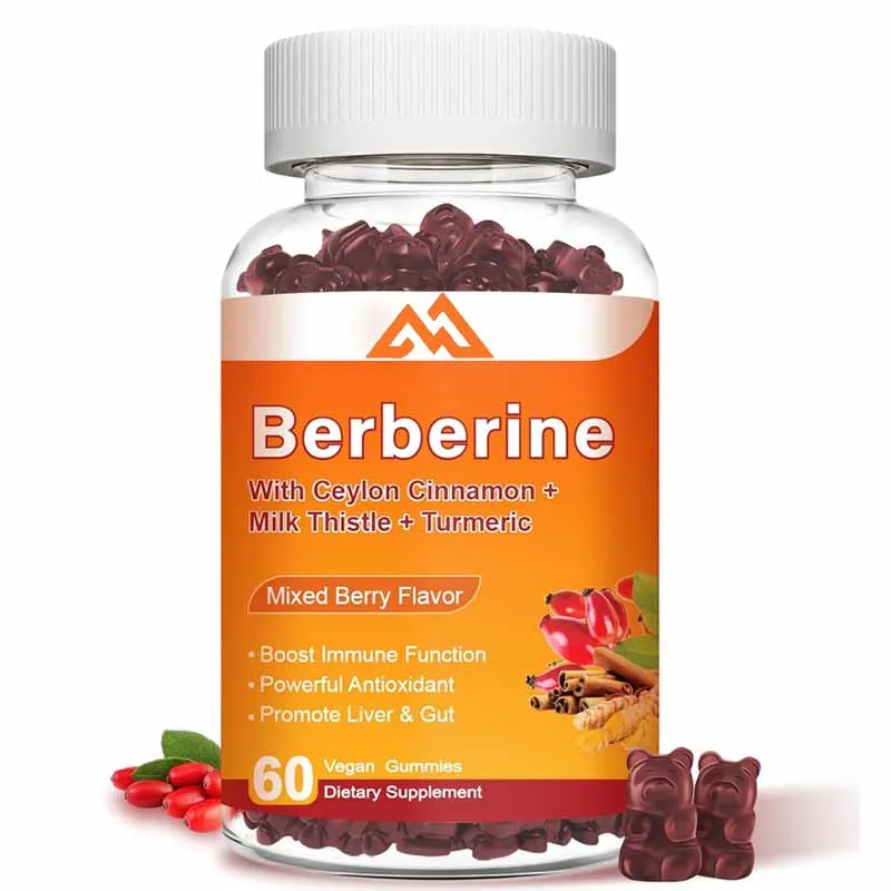 Berberine gummies 1500mg, containing Ceylon cinnamon and milk thistle supplement, mixed with berry flavor for 60 capsules