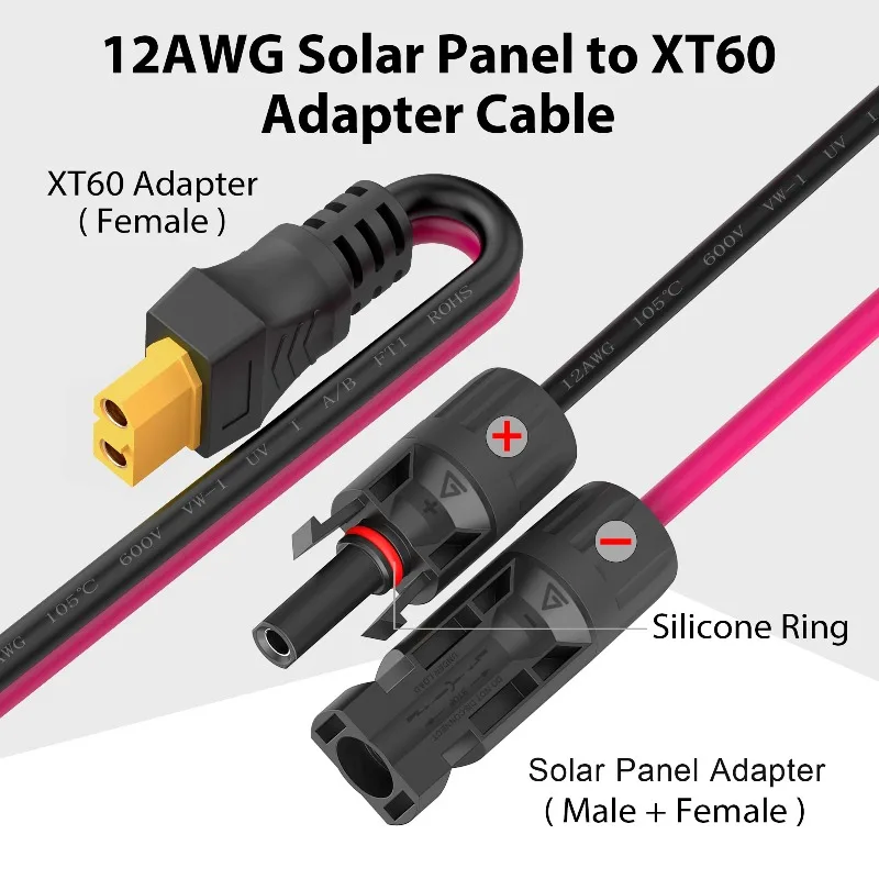 12AWG 30A Solar Connector to XT60 Extension Cable - Directly Compatible with Solar Panels & Portable Power Stations