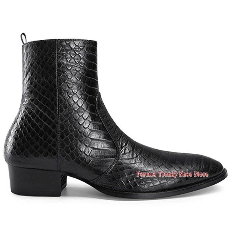 

Pointy Toe Serpentine Leather Chelsea Boots for Men British Style Cowhide Zipper Short Boots Party Wedding Business Dress Shoes