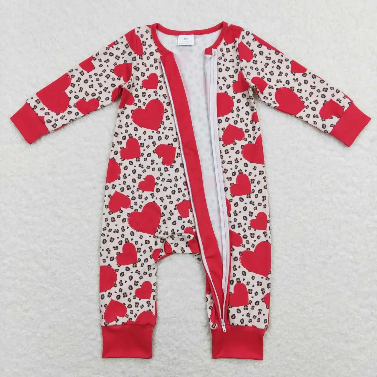 Wholesale hot sale baby kids clothes newborn toddler Love leopard print red zipper long-sleeved onesie rompers