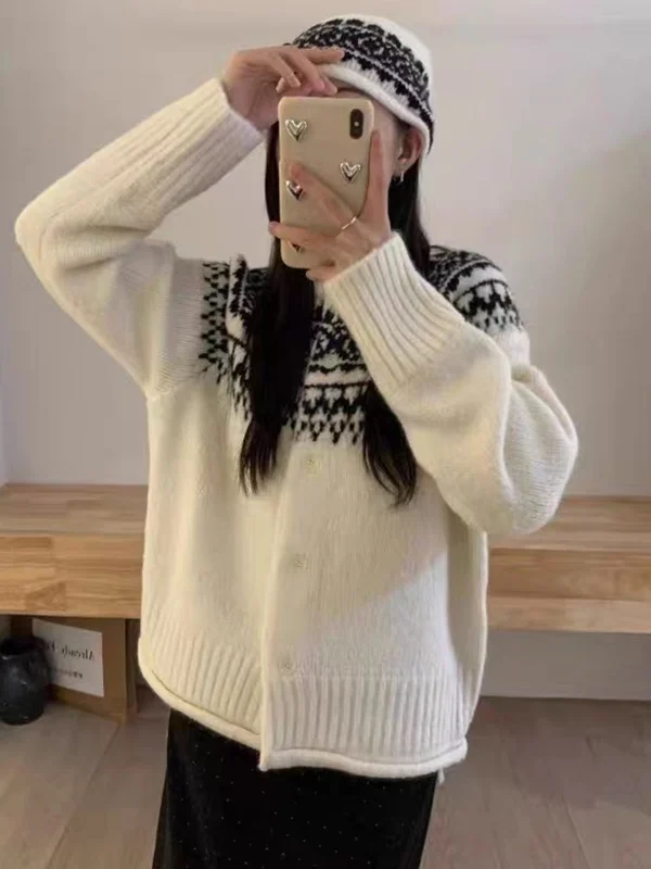 

Dongda Gate 2026 Autumn Winter New Sle Retro Fair Isle Knitted Cardigan Sweater Women's Hat Included round Ne Open Front