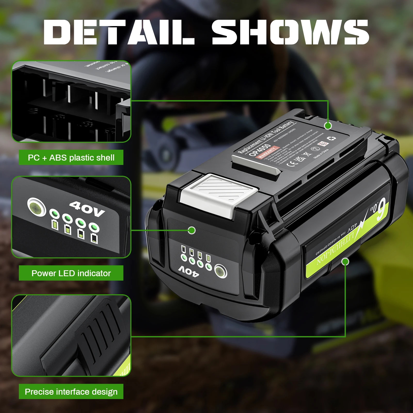 Für Ryobi Batterie 40V OP4050 6000mAh Lithium-ionen Batterie Ersatz Batterie Für Ryobi OP4050 OP4060 Serie Rasenmäher werkzeug – Detail 3