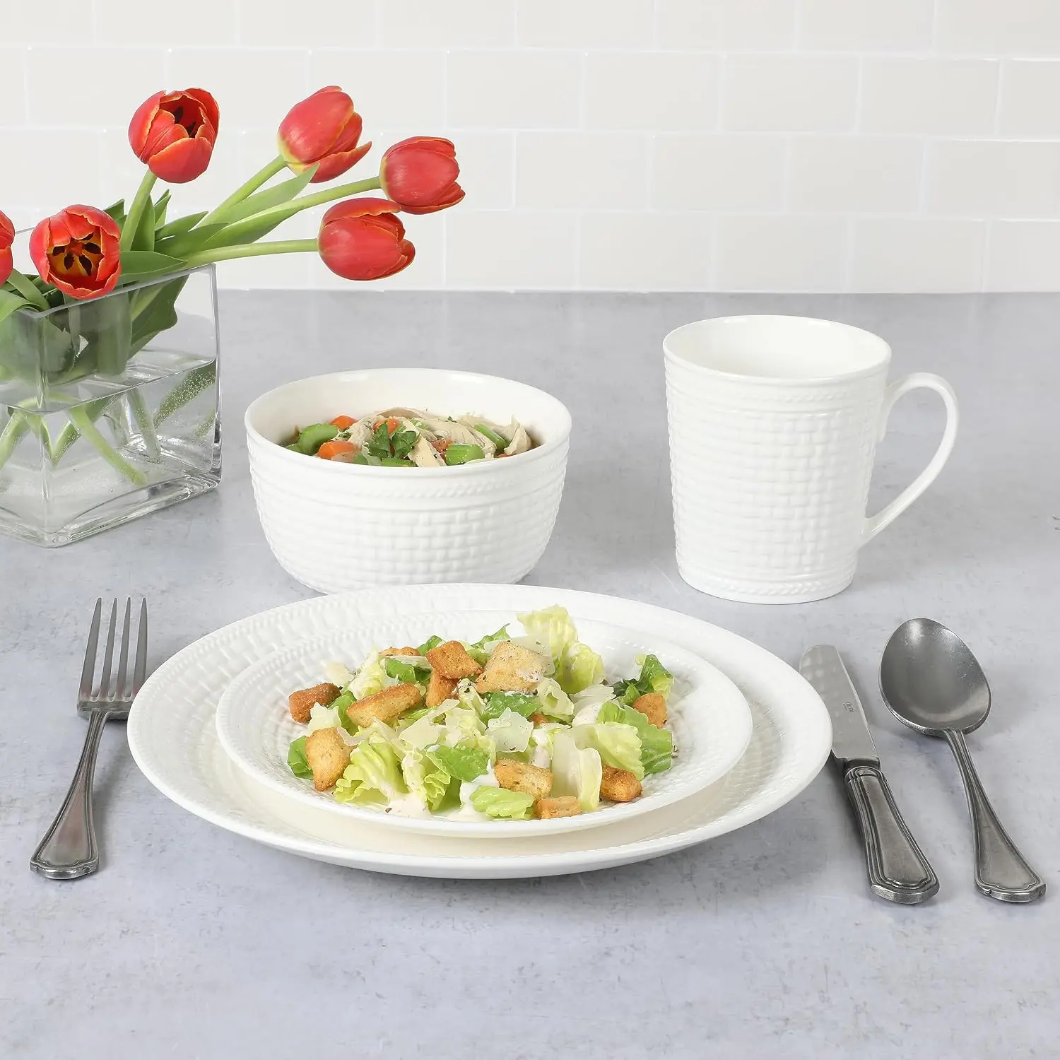 Dinnerware Set, 16-Piece New Bone China Porcelain with Embossed Basket Weave Pattern, Chip and Scratch Resistant