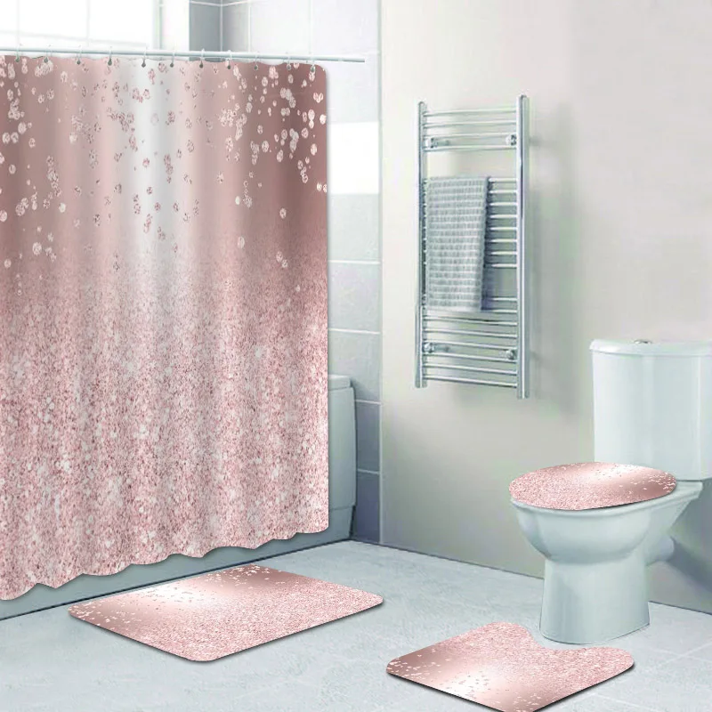 3D Luxury Grey Silver Gold Falling Glitter Confetti Metallic Sparkles Shower Curtian Set Elegant Bathroom Curtain Toilet Mat Rug